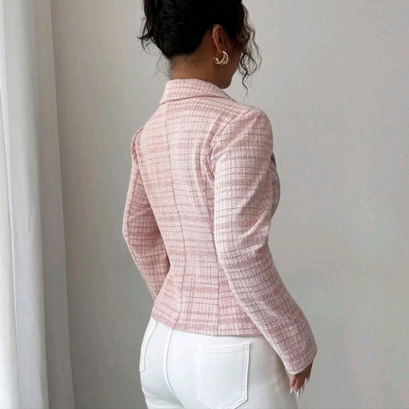 Elegant Romantic Plaid Fabric Waist Fitted Long Sleeve Women's Blazer Jacket - Picture 2 of 4